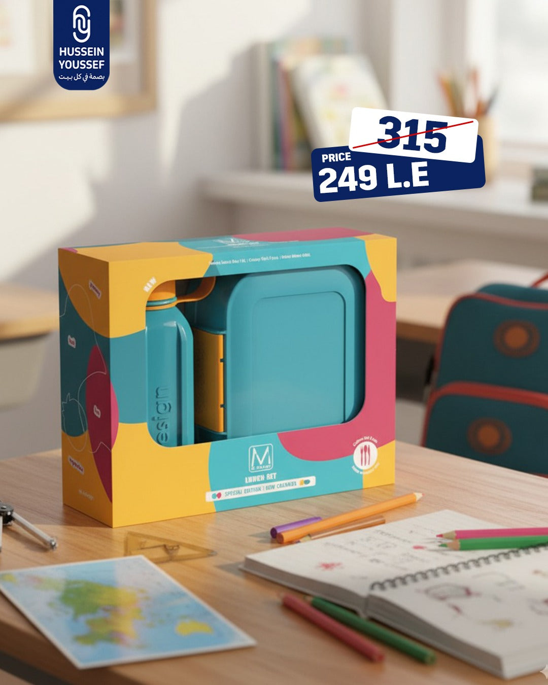Husseinyoussef M-Design Lunch Set 1,600 ml for school, includes a durable container with compartments for meals and snacks.