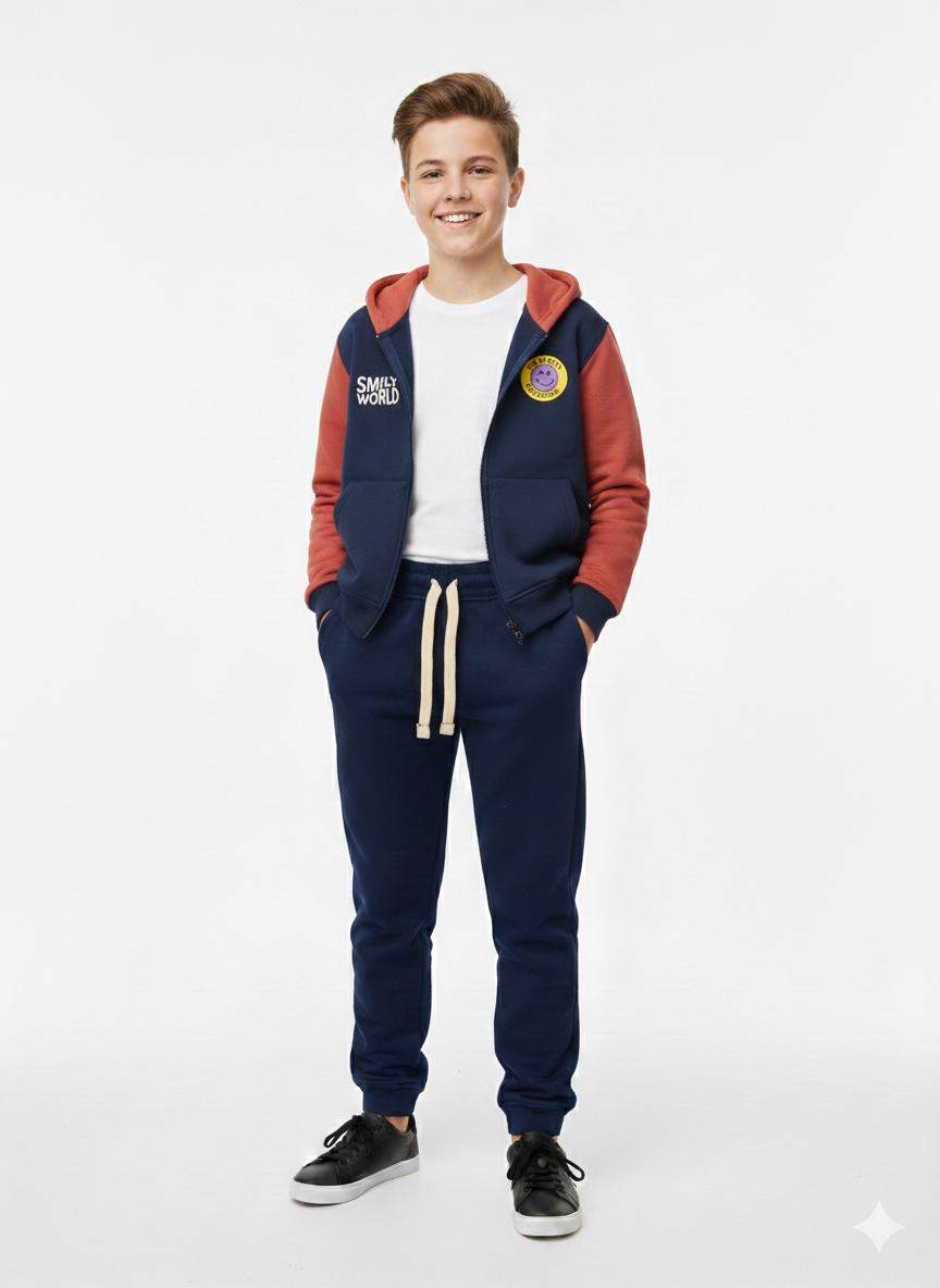 Sotry Smily World hoodie and zip-up set featuring colorful cartoon characters, soft fabric, and casual fit for kids.