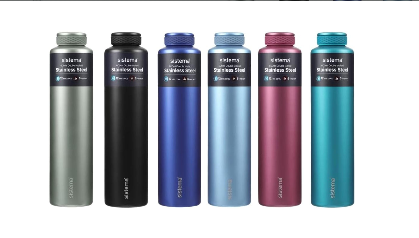 " Sistema Hydrate Stainless Steel Water Bottle, 280 ml, BPA-Free, Double Wall Vacuum Insulated Metal Water Bottle, Keeps Liquid Hot and Cool, Assorted Colours "