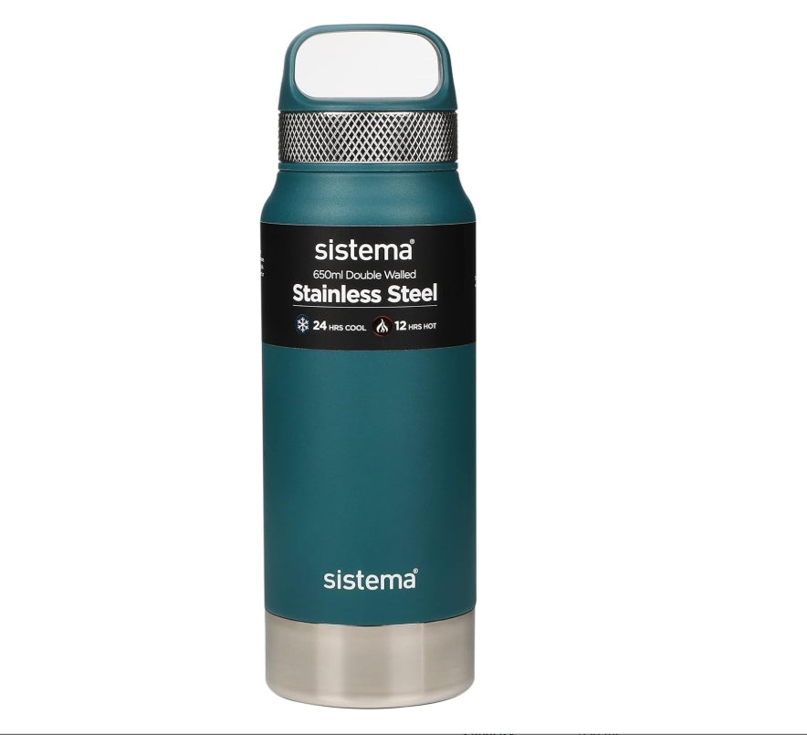 " Sistema Hydrate Stainless Steel Water Bottle 650 Ml Bpa-Free Double Wall Vacuum Insulated Metal Water Bottle Keeps Liquid Hot (12 Hours) & Cool (24 Hours) Assorted Colors "