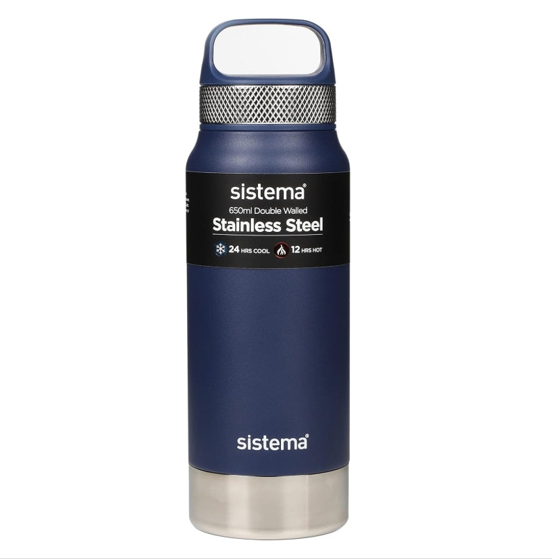 " Sistema Hydrate Stainless Steel Water Bottle 650 Ml Bpa-Free Double Wall Vacuum Insulated Metal Water Bottle Keeps Liquid Hot (12 Hours) & Cool (24 Hours) Assorted Colors "