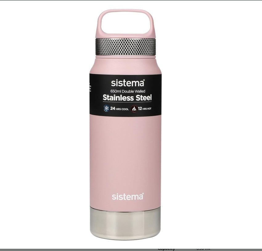 " Sistema Hydrate Stainless Steel Water Bottle 650 Ml Bpa-Free Double Wall Vacuum Insulated Metal Water Bottle Keeps Liquid Hot (12 Hours) & Cool (24 Hours) Assorted Colors "