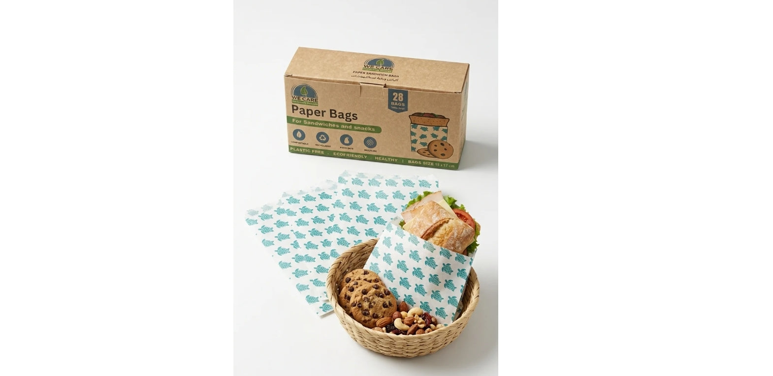 "We Care paper bags for sandwiches and snacks-28 pieces "