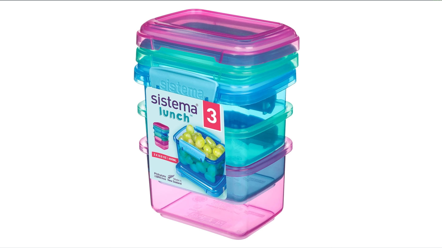 " Sistema 3-Piece Food Storage Containers with Lids for Lunch, Meal Prep, and Leftovers, Dishwasher Safe, 1.6-Cup, Blue/Green/Pink "