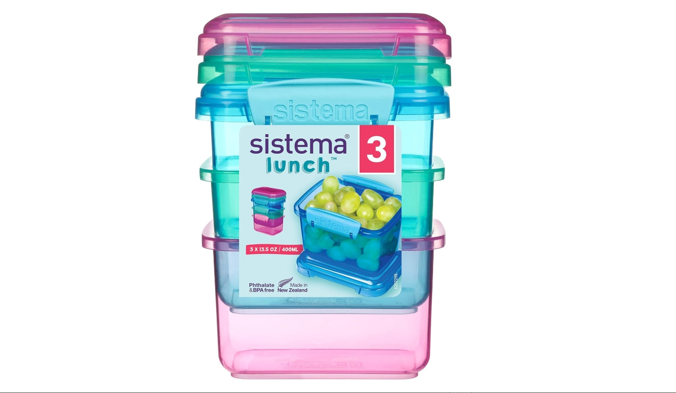 " Sistema 3-Piece Food Storage Containers with Lids for Lunch, Meal Prep, and Leftovers, Dishwasher Safe, 1.6-Cup, Blue/Green/Pink "