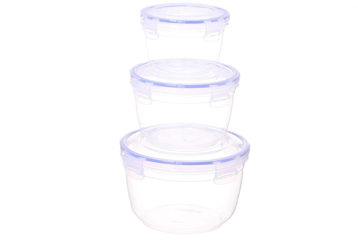 " aGFa Plastic Round Food Container Set, 3 Pieces - Clear and Blue "