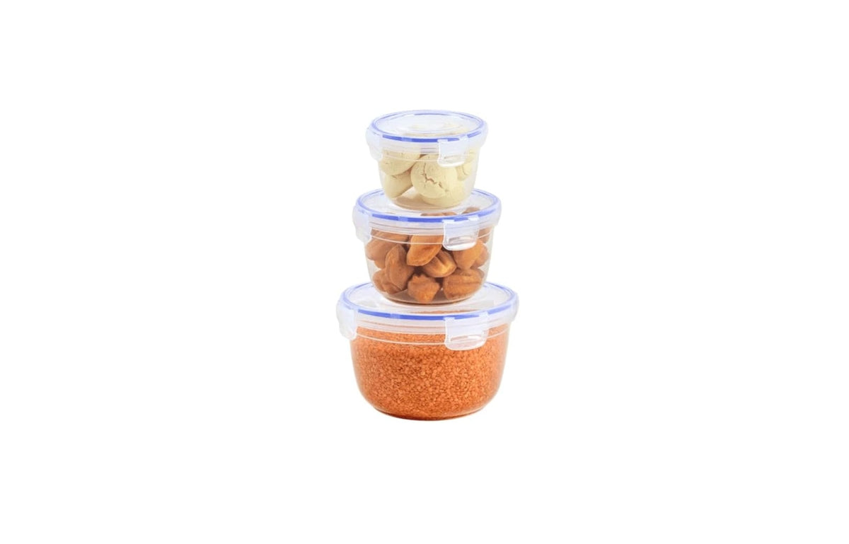 " Round Food Storage Containers with Blue Seal, Clear Plastic, Stackable, 3 Piece Set"