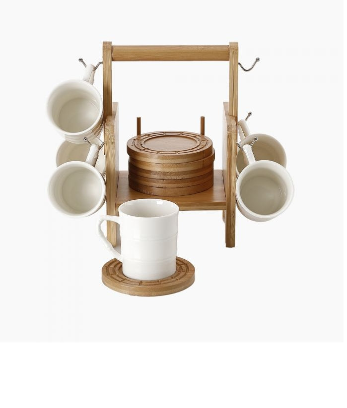 "ZINNI ACup set with saucer + wooden holder "