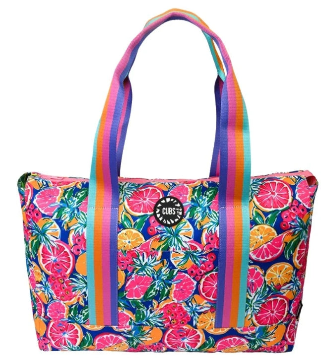 CUBS Tropical Fruit 1 Tote Bag featuring colorful tropical fruit design, made of durable material, with shoulder strap for easy carrying.