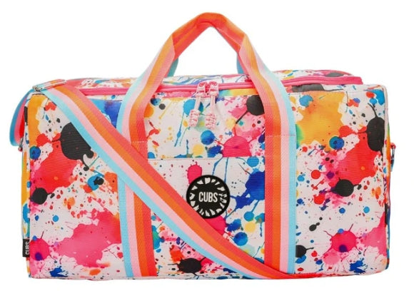 CUBS splashing paint weekender bag with colorful design, durable fabric, and spacious interior for travel and weekend trips.