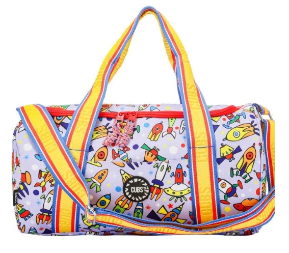 CUBS medium space ships duffel shoulder bag with space ship graphic, black fabric, and adjustable shoulder strap.
