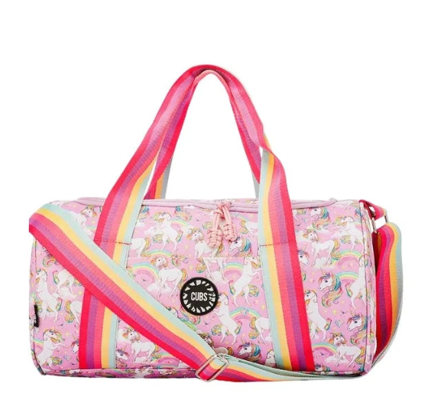 CUBS Unicorn Medium Duffel Bag with colorful unicorn design and sturdy handles, perfect for travel or gym use.