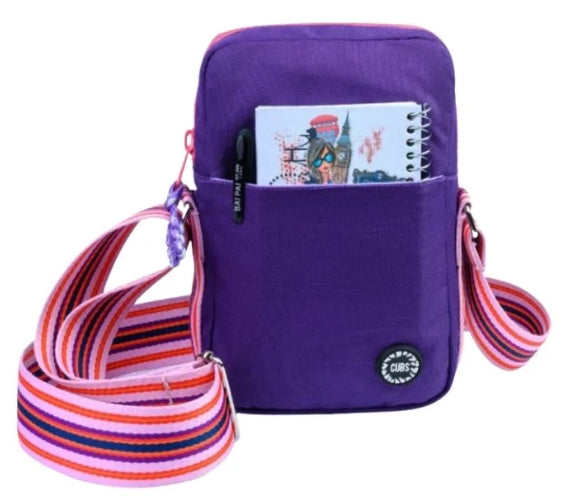 Purple and fuchsia cross body shoulder bag by CUBS, featuring a vibrant design with adjustable strap and spacious interior.