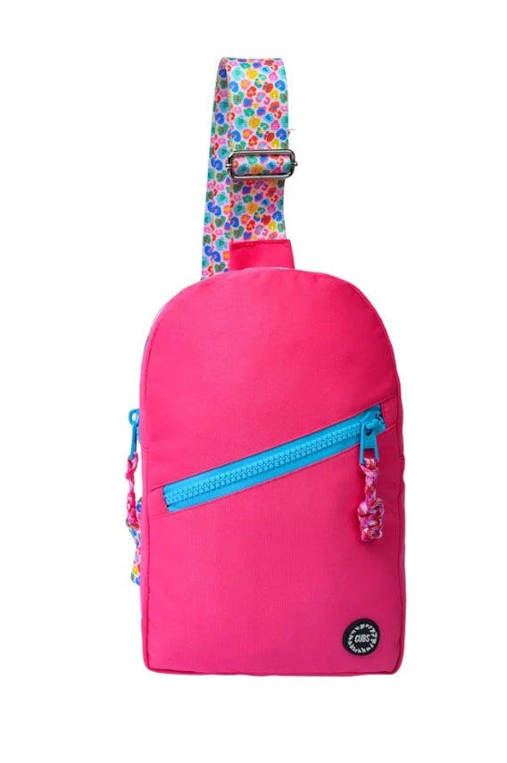 Hot pink sling front zipper bag from CUBS with a sleek design and zipper closure, shown in a clear product image.