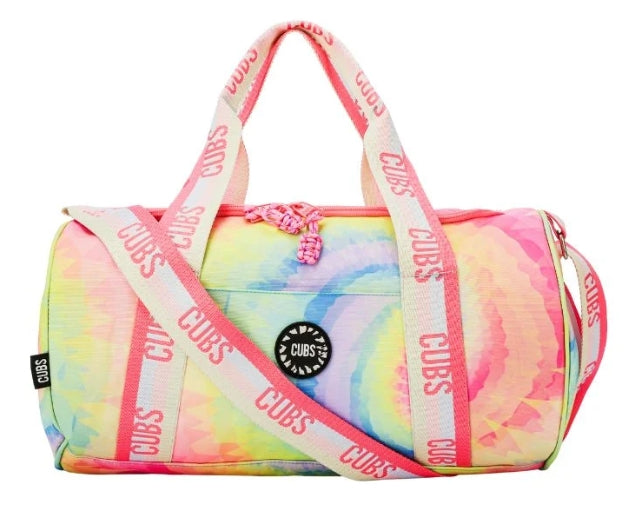 Colorful pastel tie-dye medium duffel bag by CUBS with adjustable straps and spacious main compartment.