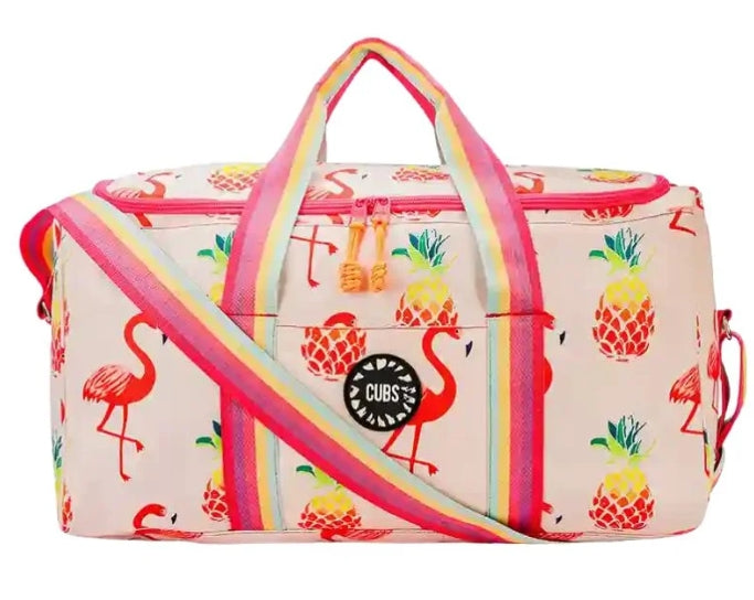 CUBS Peachy Flamingos Weekender bag with colorful flamingo pattern, soft fabric, and spacious design for travel and weekend use.