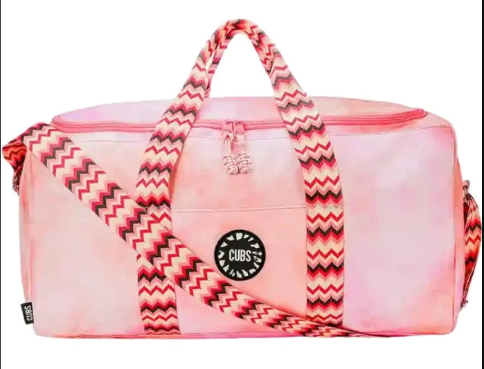 Pink Clouds Weekender Duffel bag by CUBS, showing a stylish pink fabric duffel with shoulder straps and spacious interior.
