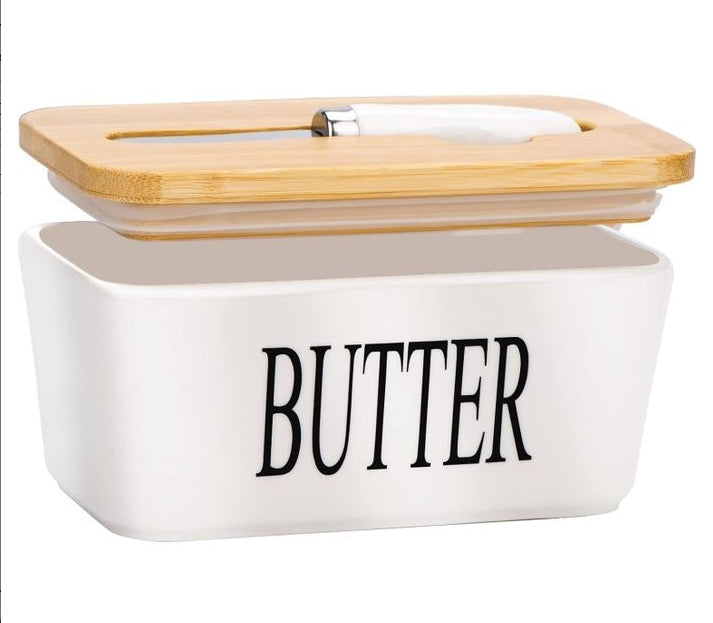 ZINNIA butter dish with wooden lid and matching knife, elegant ceramic container for butter storage.