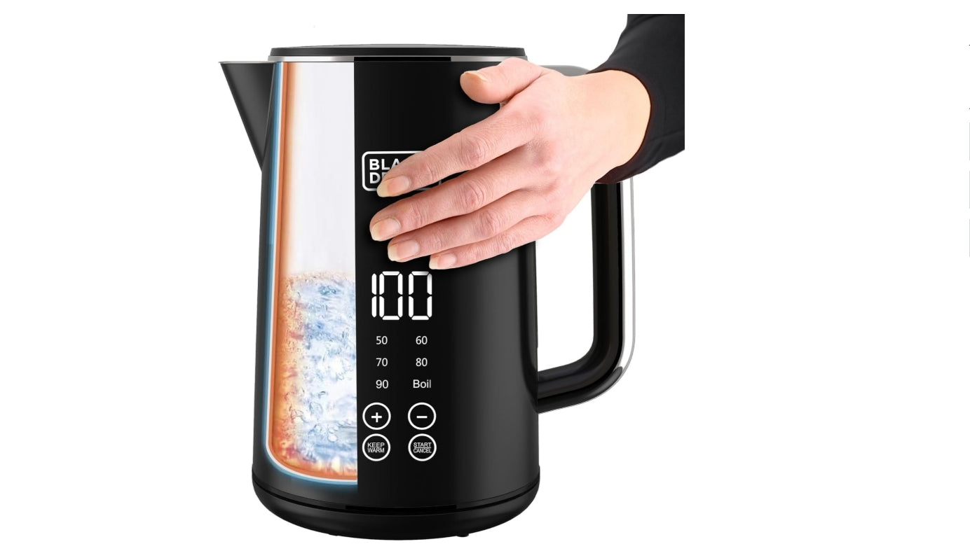 " Black & Decker Kettle 1.7L, Touch Screen Digital Display, Double-Wall Construction, 6 preset Temperature Settings 2200 W,30 Min Keep Warm, Auto Off, JCD200-B5 "