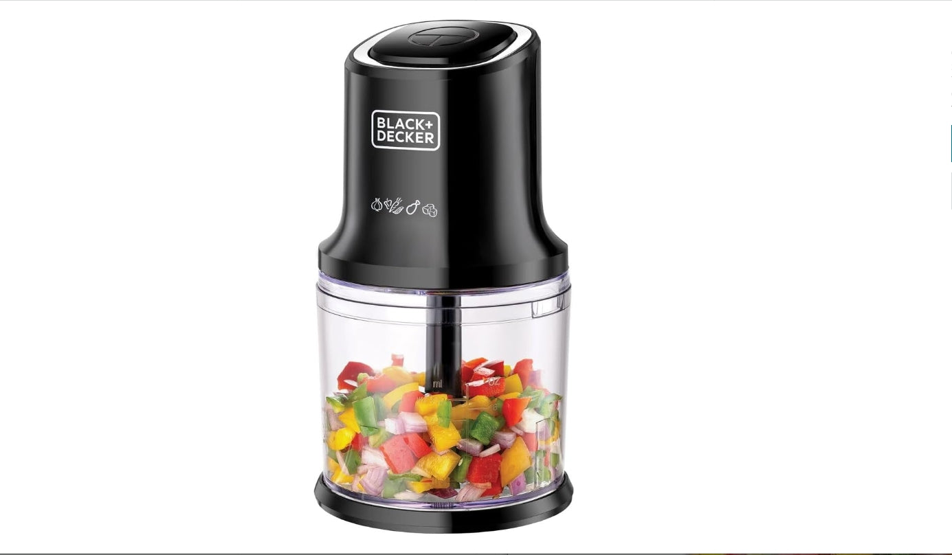 " BLACK+DECKER Vertical Chopper, 500W, 4 Durable Stainless Steel Blades, 500ml Working Capacity Bowl, Sleek Chrome Trim, Powerful Motor for Chopping, Pureeing & Mincing, Easy to Use, Black - FC500-B5 "
