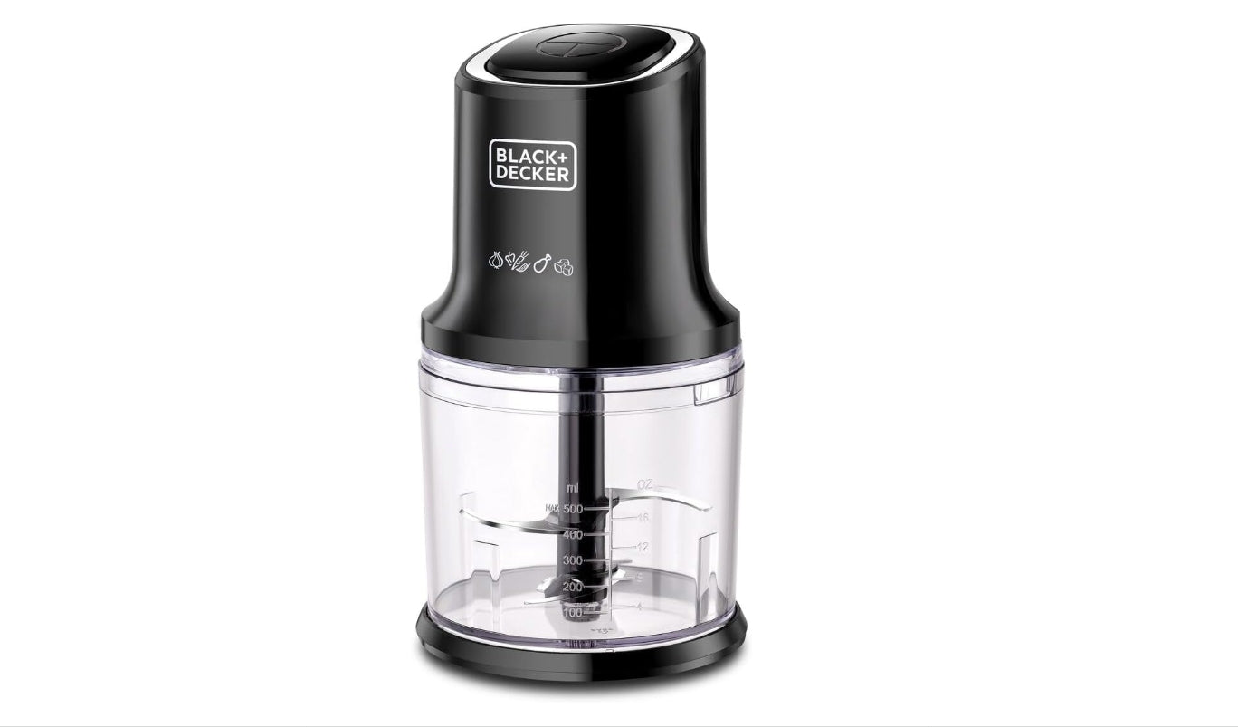" BLACK+DECKER Vertical Chopper, 500W, 4 Durable Stainless Steel Blades, 500ml Working Capacity Bowl, Sleek Chrome Trim, Powerful Motor for Chopping, Pureeing & Mincing, Easy to Use, Black - FC500-B5 "