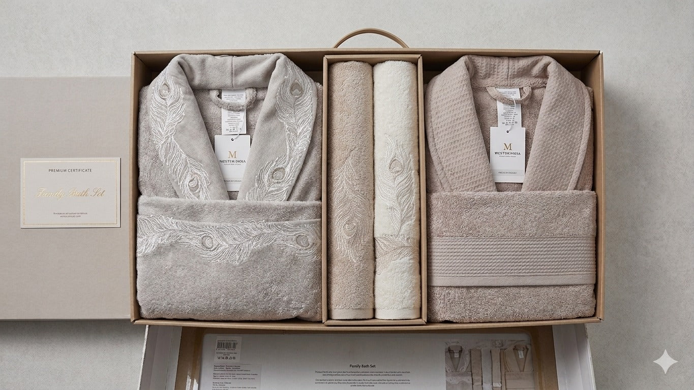 Six-piece Joper Burns lux bathrobe set including two plush towels, two robes, and two belts, displayed on a neutral background.