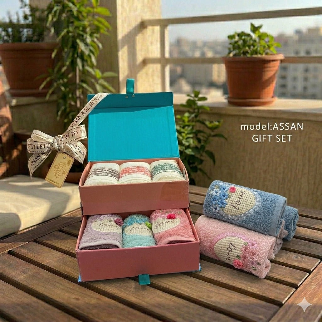Set of six Towel brand hand towels for bathroom, displaying soft fabric and neutral color in a neatly folded arrangement.