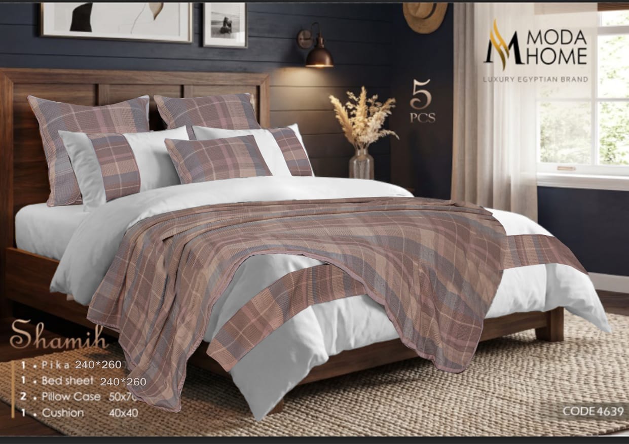 MODA HOME Shamiya 5-piece checkered coverlet set with bedsheets and pillowcases in black and white, 240x260 cm.