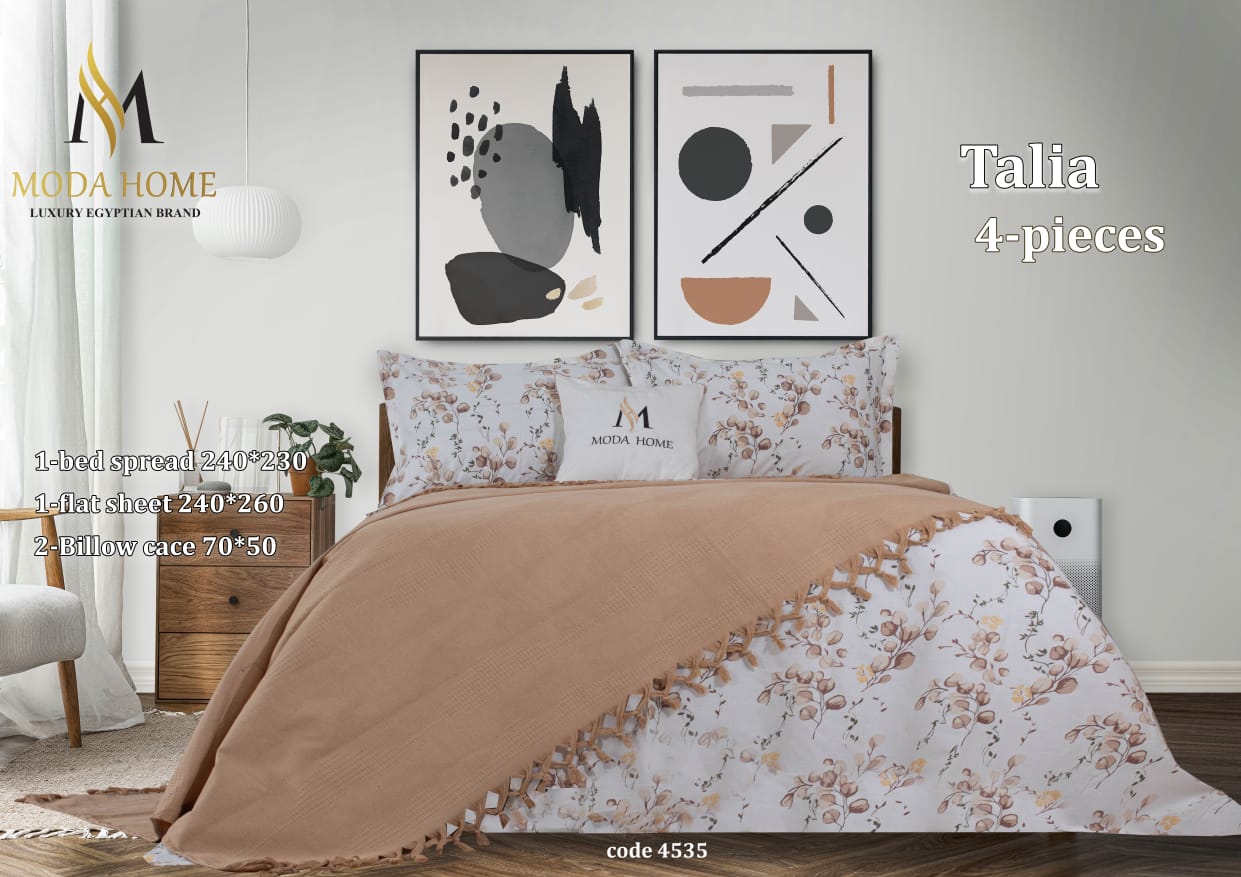 MODA HOME Talia 4-piece floral printed double coverlet set with matching pillowcases, featuring a colorful floral pattern on soft fabric.