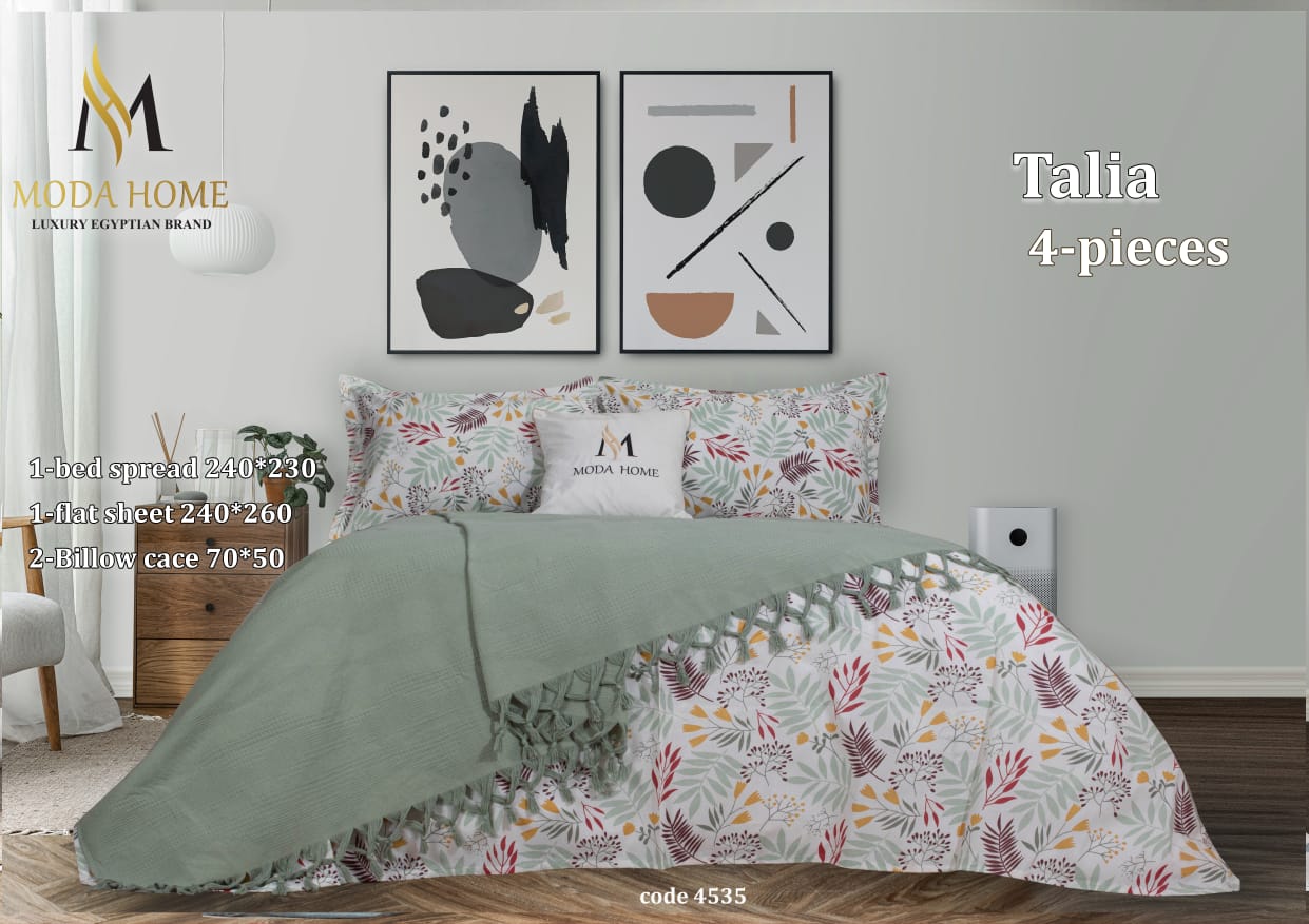 MODA HOME Talia 4-piece floral printed double coverlet set, 240x260 cm, with matching pillow shams and decorative bedding.