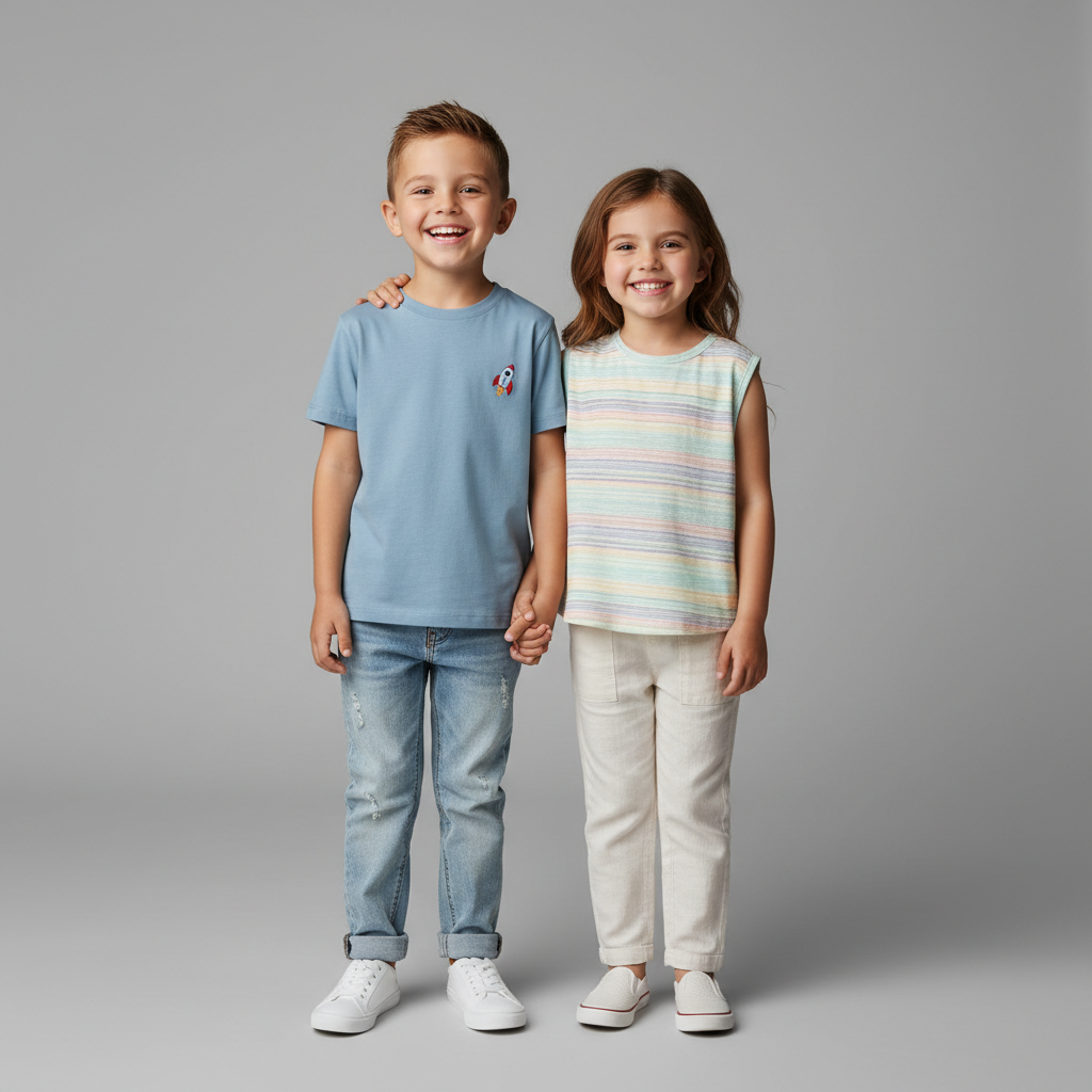 kids casual , boy & girl , square dimension , gray background 