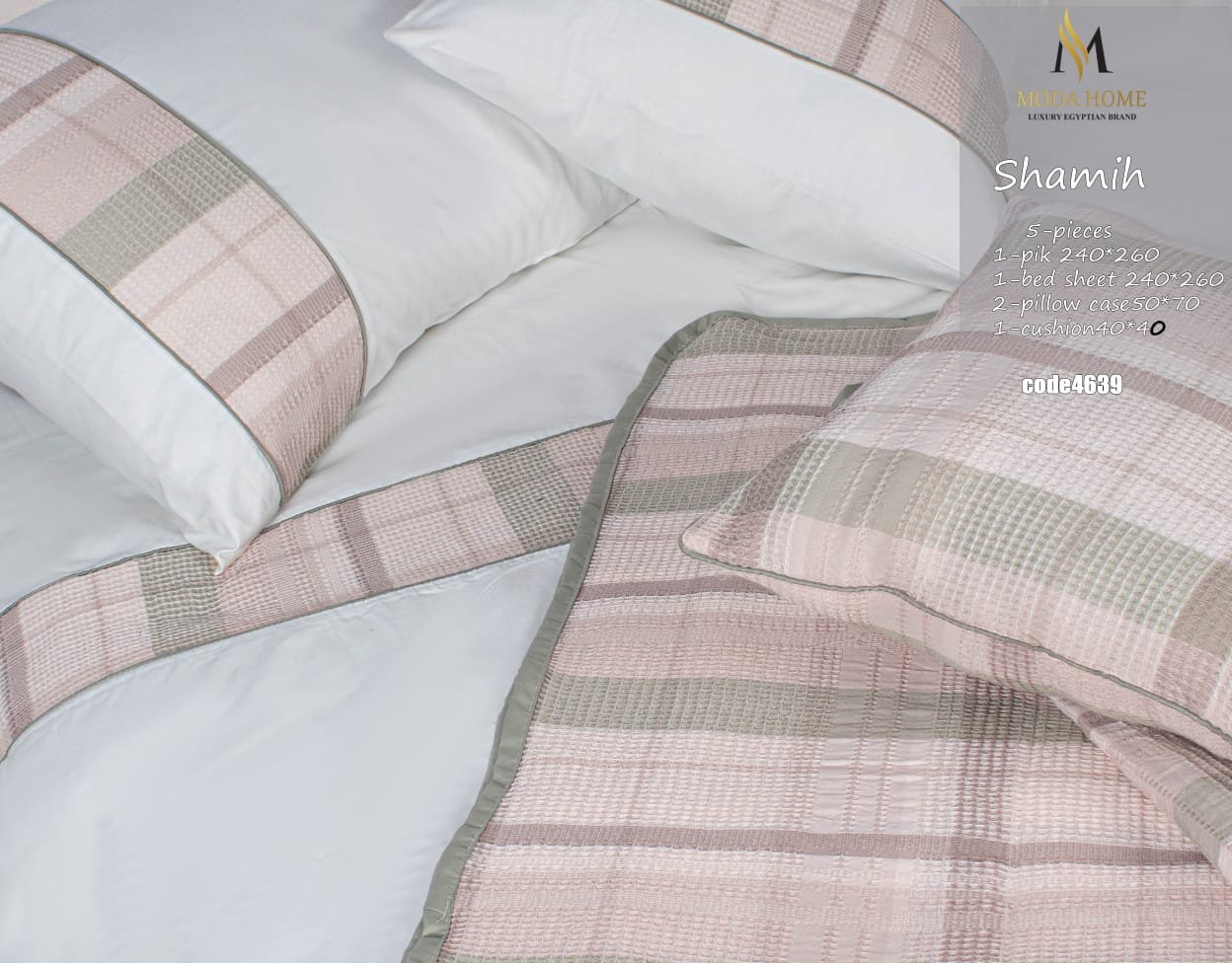 Olive green MODA HOME Shamiya 5-piece checkered coverlet set on a bed, including 240x260 cm coverlet and matching pillows.